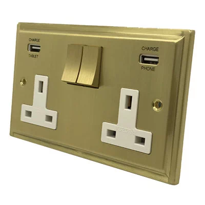 Art Deco Satin Brass Plug Socket with USB Charging