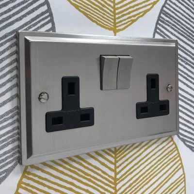 Art Deco Satin Nickel Switched Plug Socket