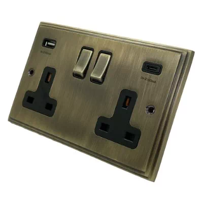 Art Deco Supreme Antique Brass Plug Socket with USB Charging