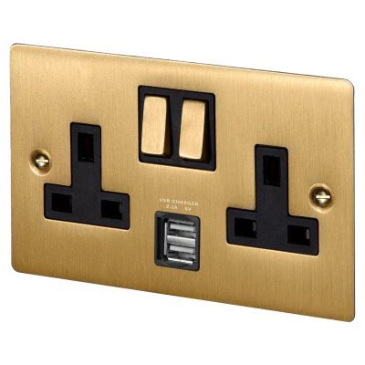 Studio Satin Brass Plug Socket with USB Charging