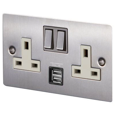 Studio Satin Stainless Plug Socket with USB Charging