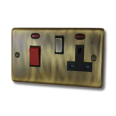 Classical Aged Antique Brass Cooker Control (45 Amp Double Pole Switch and 13 Amp Socket)