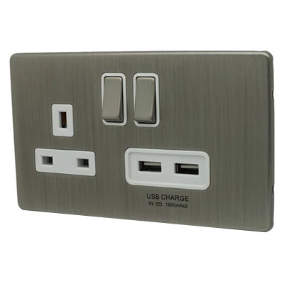 Contemporary Screwless Brushed Nickel Plug Socket with USB Charging
