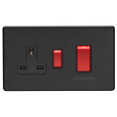 Contemporary Screwless Black Cooker Control (45 Amp Double Pole Switch and 13 Amp Socket)