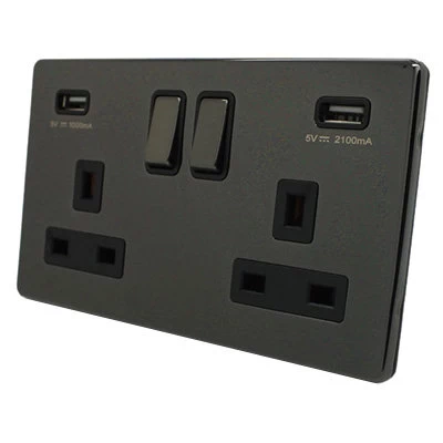 Contemporary Screwless Black Nickel Plug Socket with USB Charging