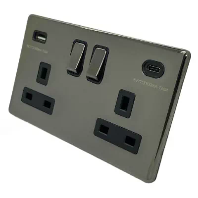 Contemporary Screwless Black Nickel Plug Socket with USB Charging