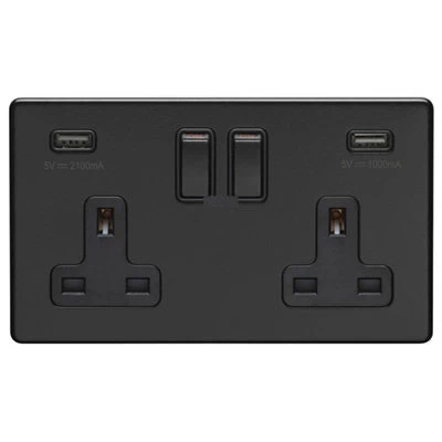 Contemporary Screwless Black Plug Socket with USB Charging