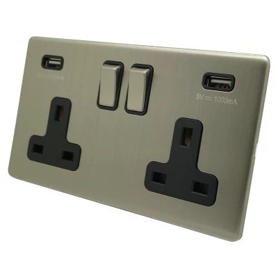 Contemporary Screwless Brushed Chrome Plug Socket with USB Charging