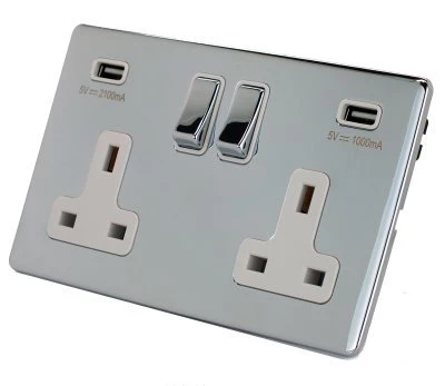 Contemporary Screwless Polished Chrome Plug Socket with USB Charging