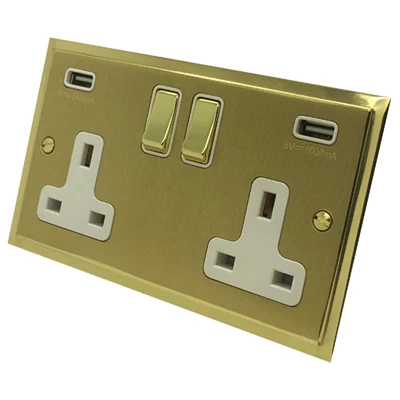 Duo Premier Satin Brass Plug Socket with USB Charging