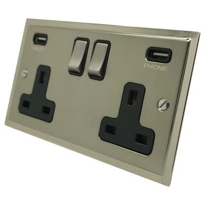 Duo Premier Satin Nickel Plug Socket with USB Charging