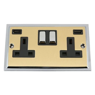 Duo Satin Brass / Polished Chrome Edge Plug Socket with USB Charging