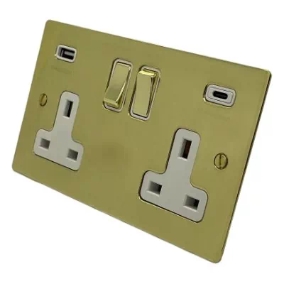 Elite Flat Polished Brass Plug Socket with USB Charging