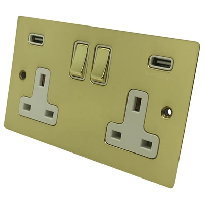 Elite Flat Polished Brass Plug Socket with USB Charging