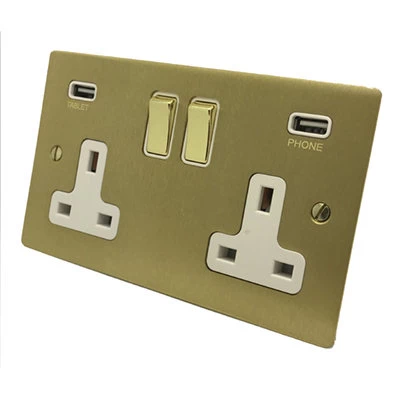 Elite Flat Satin Brass Plug Socket with USB Charging