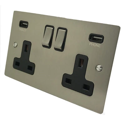Elite Flat Satin Nickel Plug Socket with USB Charging