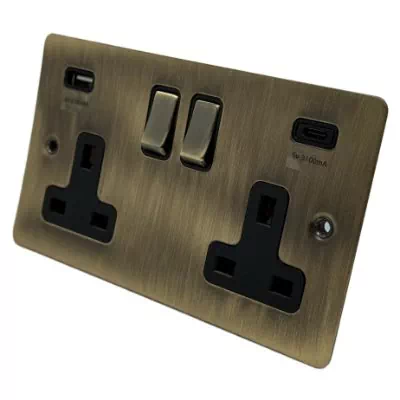 Flat Antique Brass Plug Socket with USB Charging