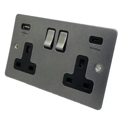 Flat Dark Pewter Plug Socket with USB Charging