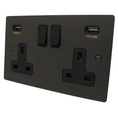 Flatplate Supreme Old Bronze Plug Socket with USB Charging