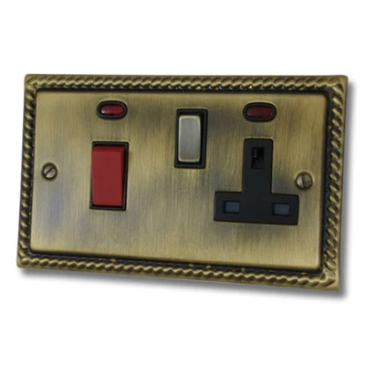 Georgian Antique Brass Cooker Control (45 Amp Double Pole Switch and 13 Amp Socket)
