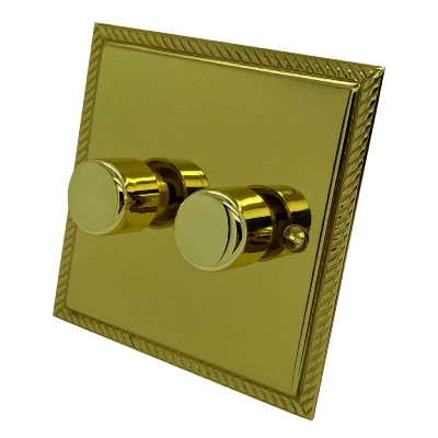 Georgian Flat Polished Brass LED Dimmer and Push Light Switch Combination