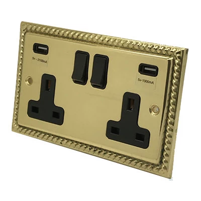 Georgian Polished Brass Plug Socket with USB Charging