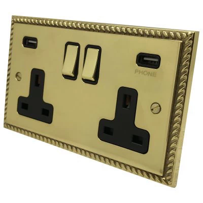 Georgian Premier Plus Polished Brass (Cast) Plug Socket with USB Charging