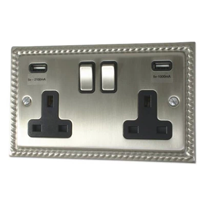 Georgian Satin Nickel Plug Socket with USB Charging