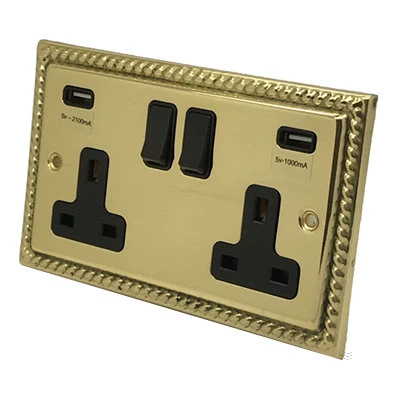 Georgian Classic Polished Brass Plug Socket with USB Charging