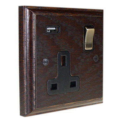 Jacobean Dark Oak | Antique Brass Plug Socket with USB Charging