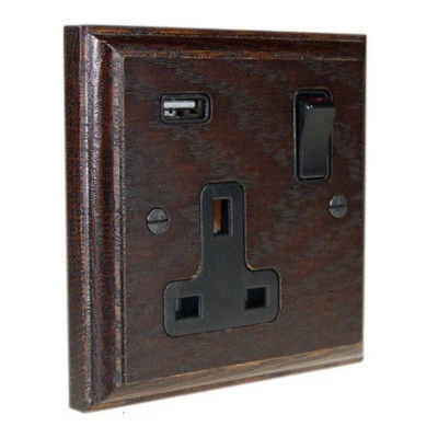 Jacobean Dark Oak | Matt Black Plug Socket with USB Charging