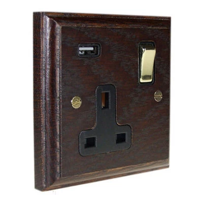 Jacobean Dark Oak | Polished Brass Plug Socket with USB Charging
