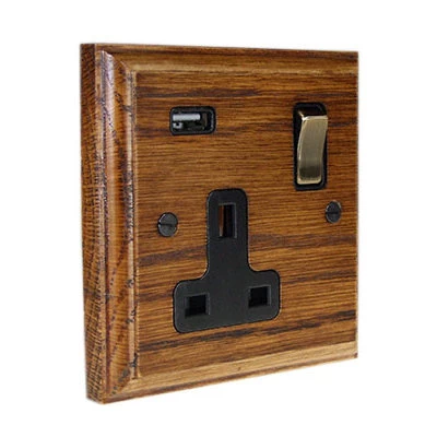 Jacobean Medium Oak | Antique Brass Plug Socket with USB Charging
