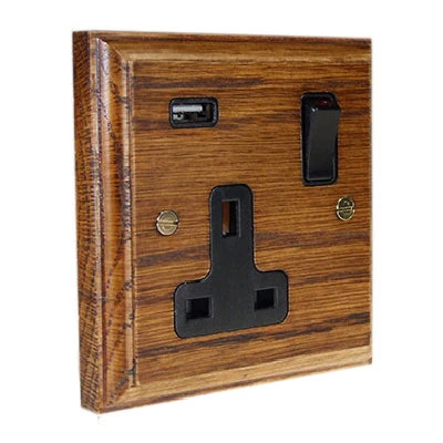 Jacobean Medium Oak | Matt Black Plug Socket with USB Charging