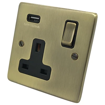 Low Profile Rounded Antique Brass Plug Socket with USB Charging