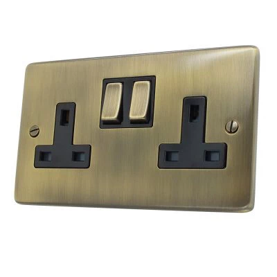 Low Profile Rounded Antique Brass Switched Plug Socket
