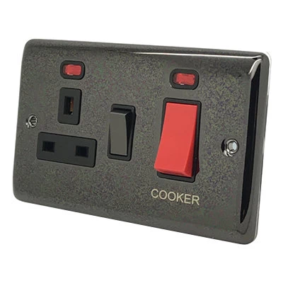 Low Profile Rounded Black Nickel Cooker Control (45 Amp Double Pole Switch and 13 Amp Socket)