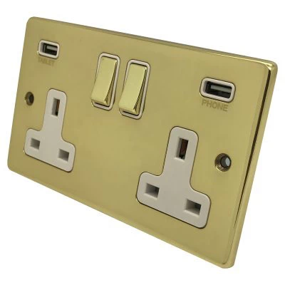 Low Profile Rounded Polished Brass Plug Socket with USB Charging