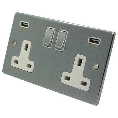 Low Profile Rounded Satin Chrome Plug Socket with USB Charging