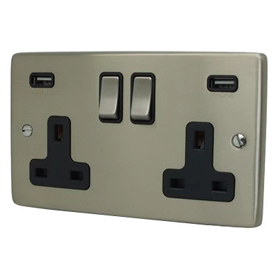 Low Profile Rounded Satin Nickel Plug Socket with USB Charging