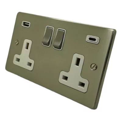 Low Profile Rounded Satin Nickel Plug Socket with USB Charging