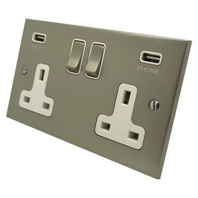 Low Profile Satin Nickel Plug Socket with USB Charging