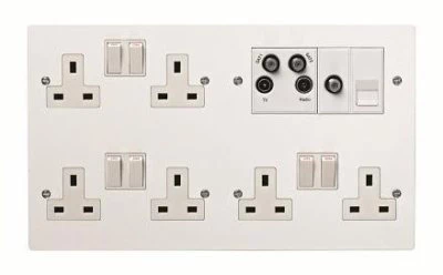 1 x Data Insert with 3 x 13A Twin Sockets Gloss White Media Plate