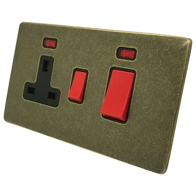 Screwless Aged Old Brass Cooker Control (45 Amp Double Pole Switch and 13 Amp Socket)