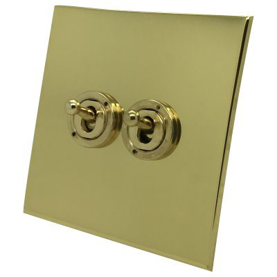 Screwless Square Polished Brass Dimmer and Toggle Switch Combination