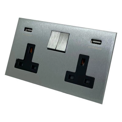 Screwless Square Satin Chrome Plug Socket with USB Charging