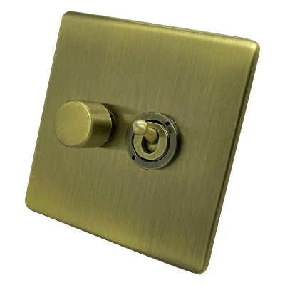 Screwless Supreme Antique Brass Dimmer and Light Switch Combination