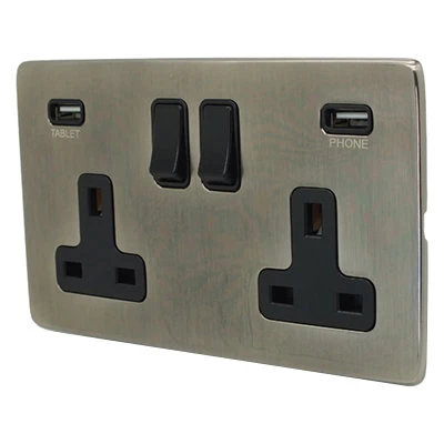 Screwless Supreme Antique Pewter Plug Socket with USB Charging