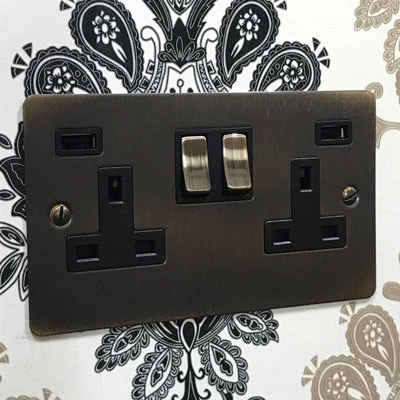 Flat Antique Brass Plug Socket with USB Charging