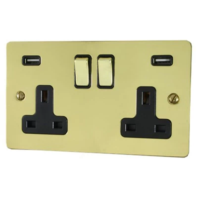 Flat Polished Brass Plug Socket with USB Charging